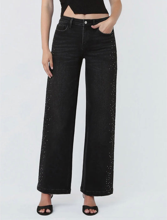 High Rise Black Rhinestone Embellished Wide Leg Jeans