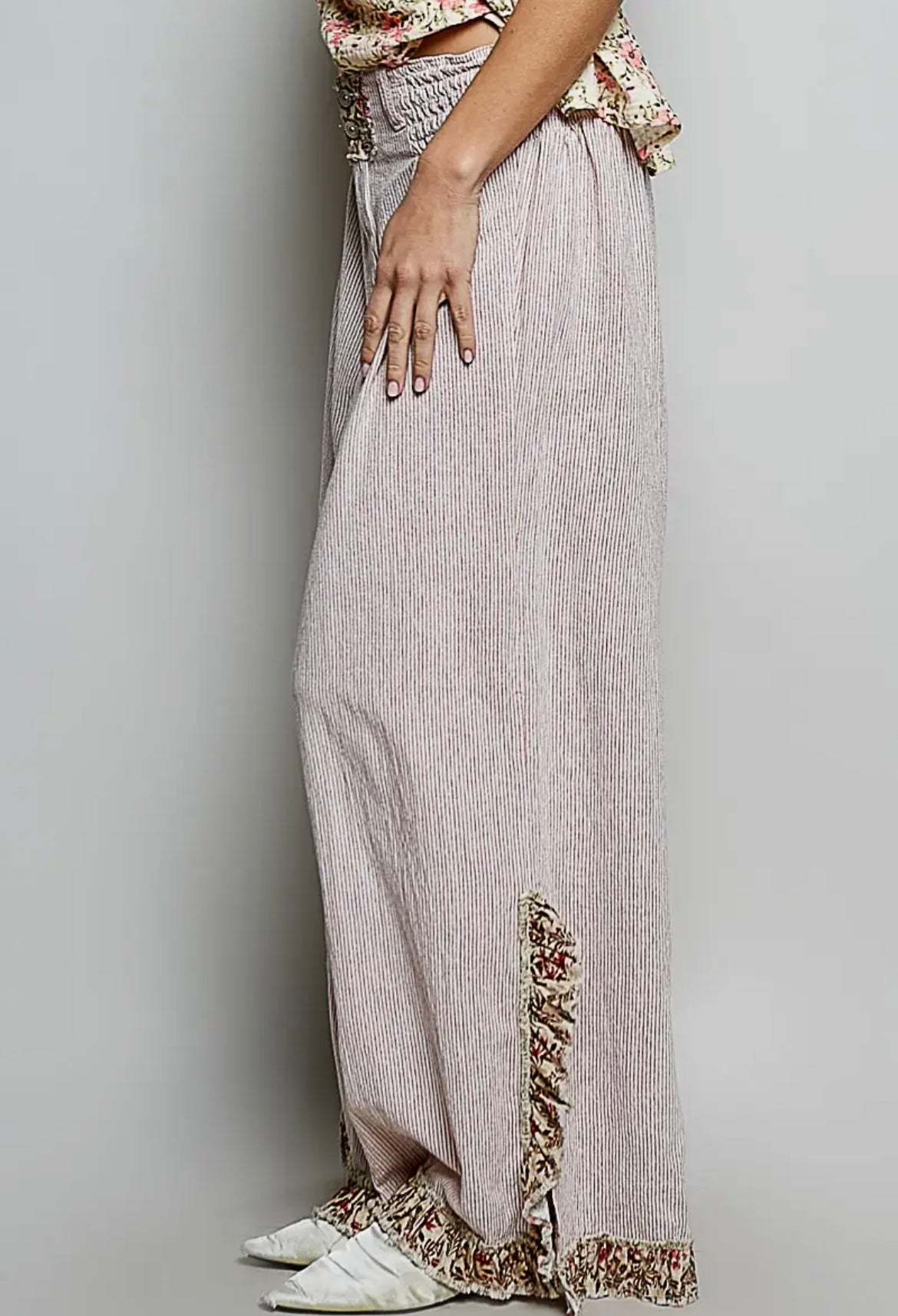 POL Blush Pinstripe Wide Leg Pants | Floral Trim Boho Palazzo Pants