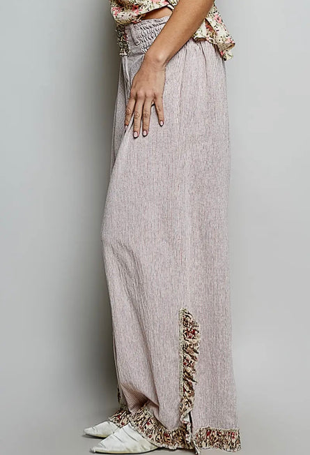POL Blush Pinstripe Wide Leg Pants | Floral Trim Boho Palazzo Pants