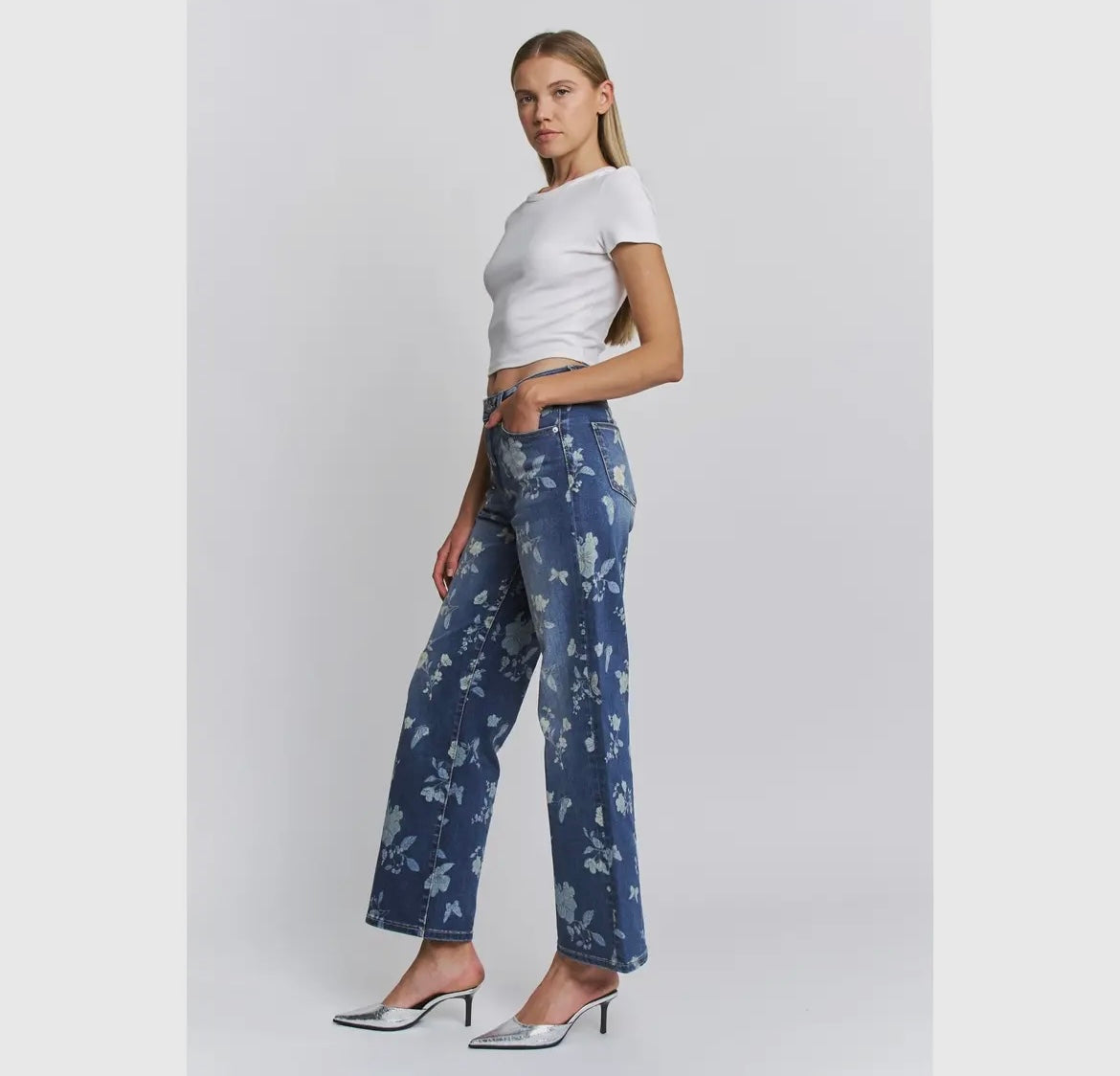 Floral Print Wide Leg Denim Jeans