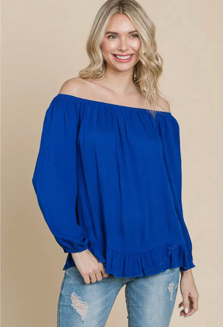 Women’s Convertible Off Shoulder Ruffle Hem Rayon Blouse
