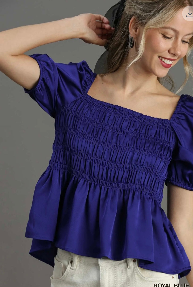 The Midnight Muse Satin Smocked Peplum Top