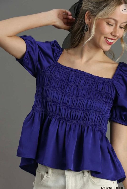 The Midnight Muse Satin Smocked Peplum Top