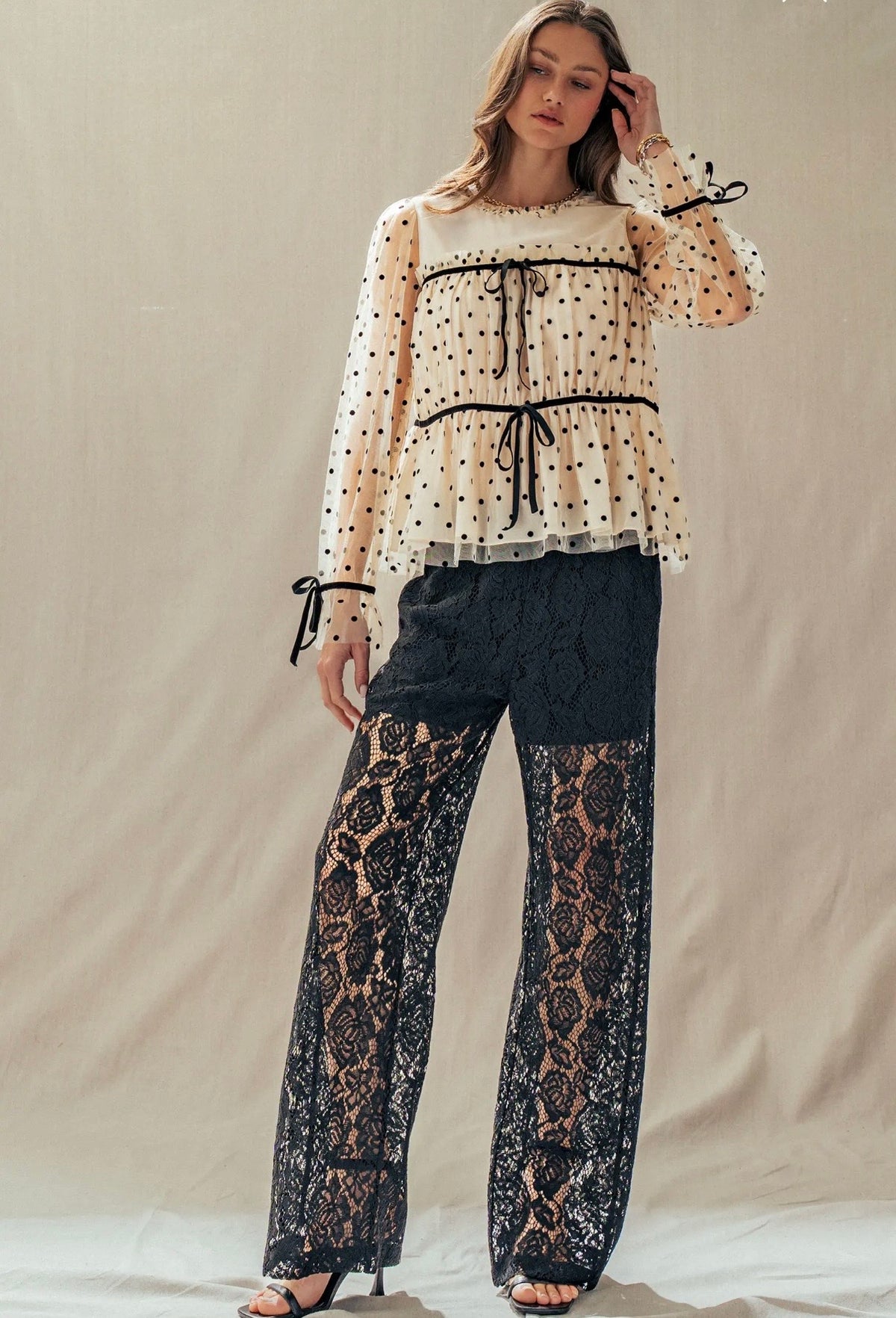 Black Lace Wide-Leg Pants - Elegant Sheer Overlay
