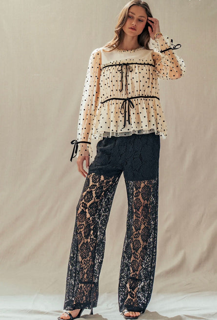 Black Lace Wide-Leg Pants - Elegant Sheer Overlay