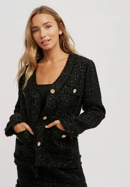 French Chic Black Bouclé Jacket with Gold Buttons