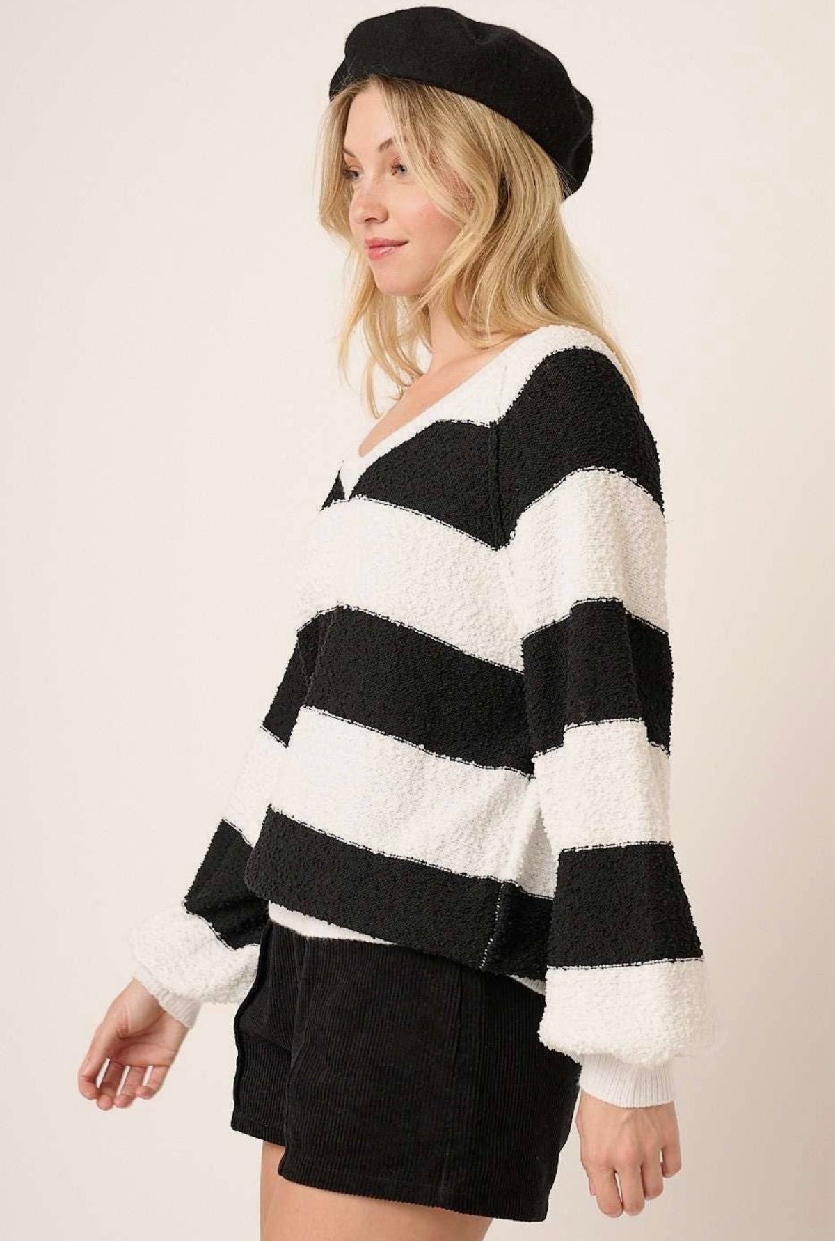Black & Ivory Striped Textured V-Neck Sweater