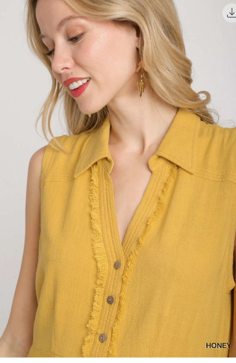 Boho Frayed Babydoll Tank Top – Sleeveless Collared Button Front Blouse