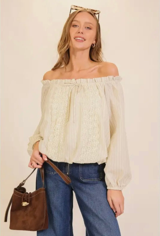Women’s Ivory Off Shoulder Smocked Lace Blouse