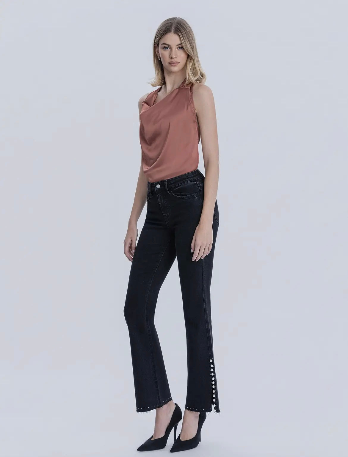 Baby Belle, High-Rise pearl embellished black bootcut jeans