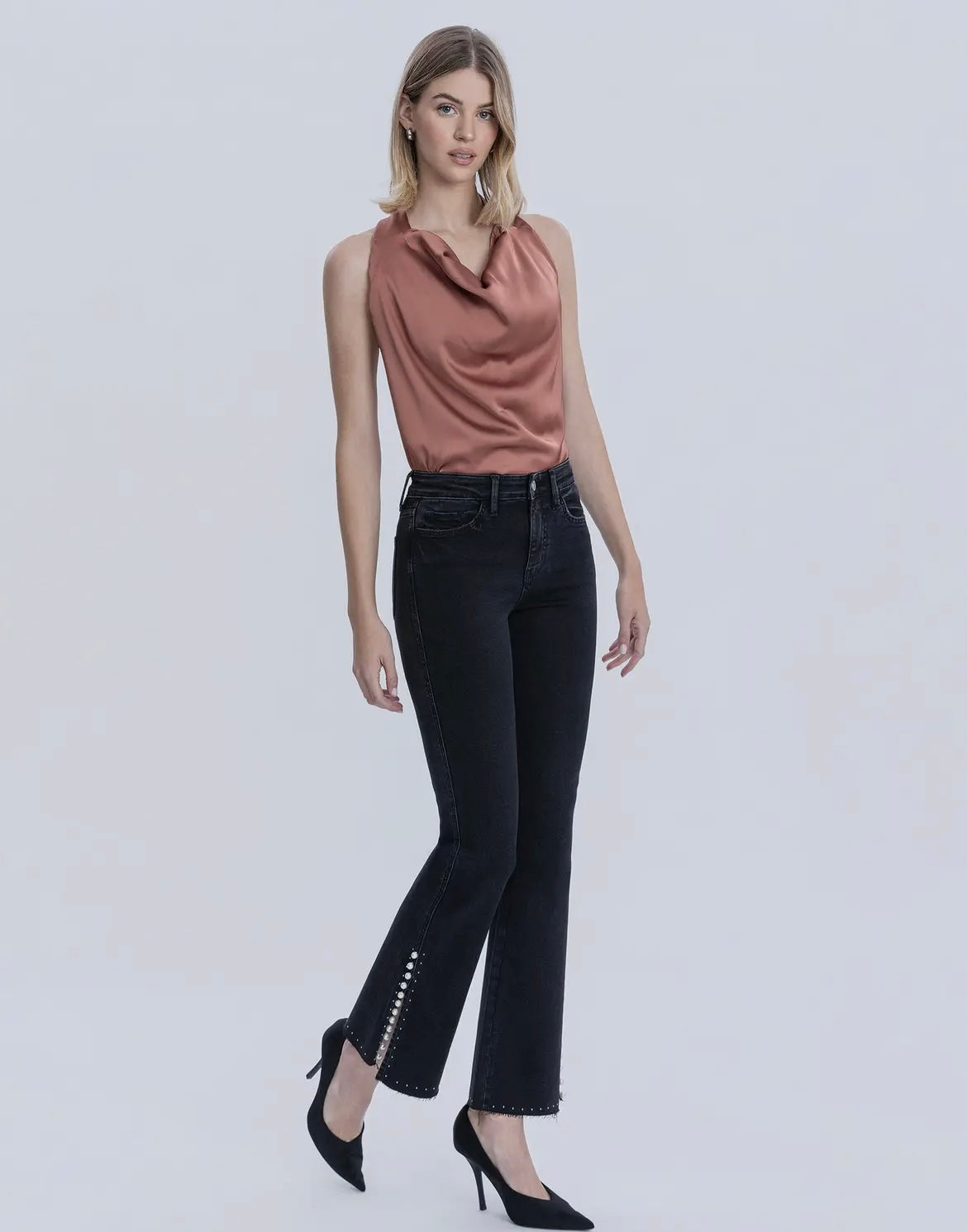 Baby Belle, High-Rise pearl embellished black bootcut jeans