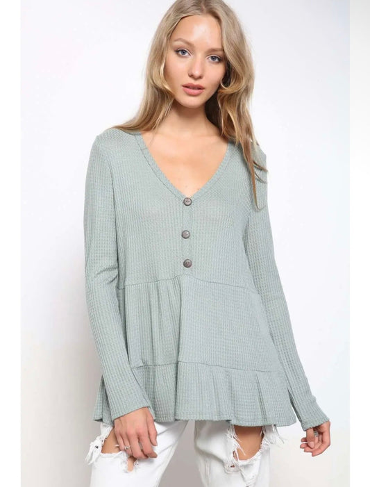 Waffle Knit Henley Tiered Babydoll Top