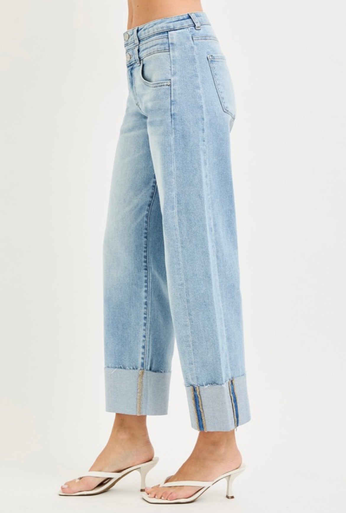 Risen, high-rise double button cuffed barrel jeans