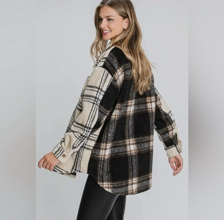 Two sides to every story, contrast plaid brushed shacket