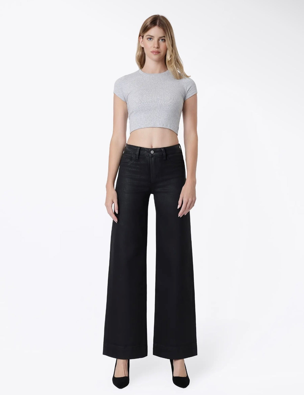 Vervet, Black coated High Rise wide leg jeans