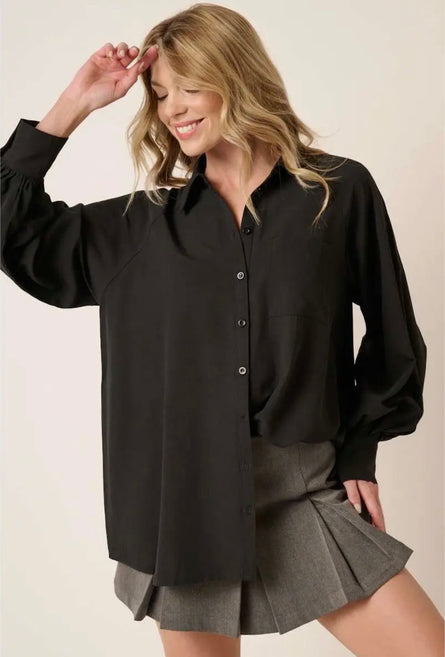 Effortless Black Oversized Button Down Tunic Top