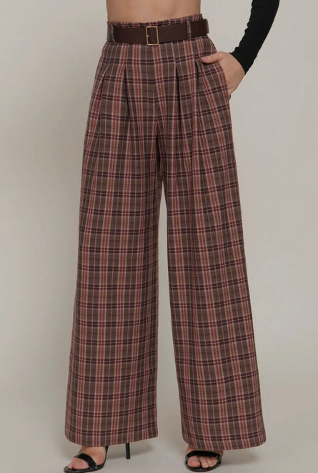 Plaid about you, Belted wide leg palazzo pant