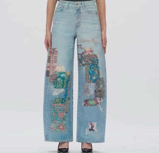 Cool Girl, high rise cool print patchwork barrel jeans
