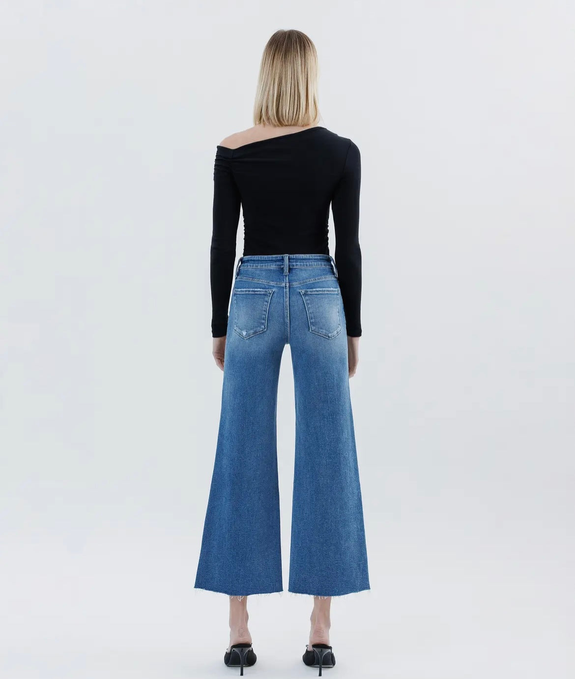 Harper, High rise raw hem ankle wide leg jeans