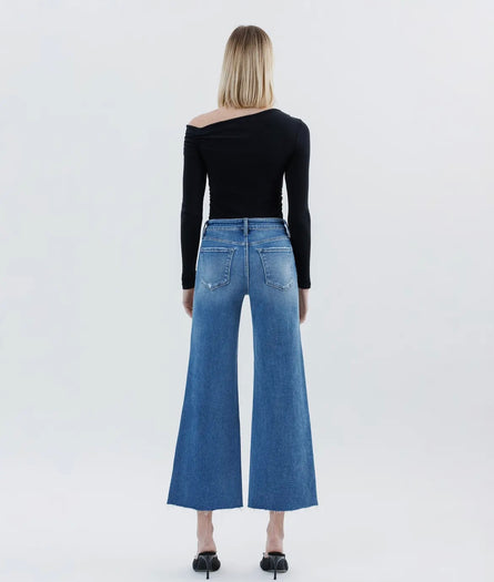 Harper, High rise raw hem ankle wide leg jeans