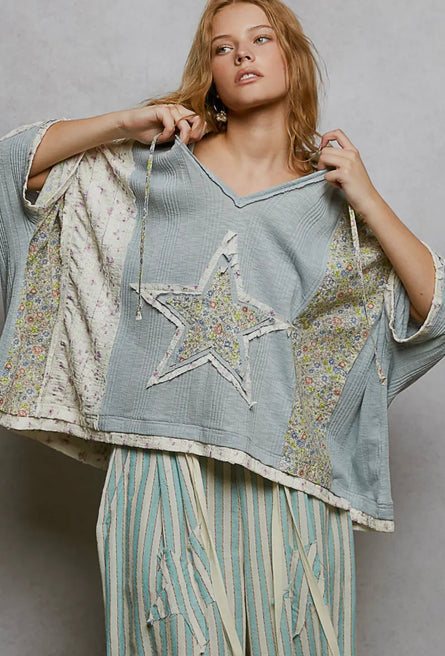 Starry Night, Lace contrast floral star patch knit top