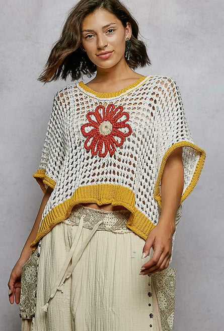 Full Bloom, crochet embroidered top