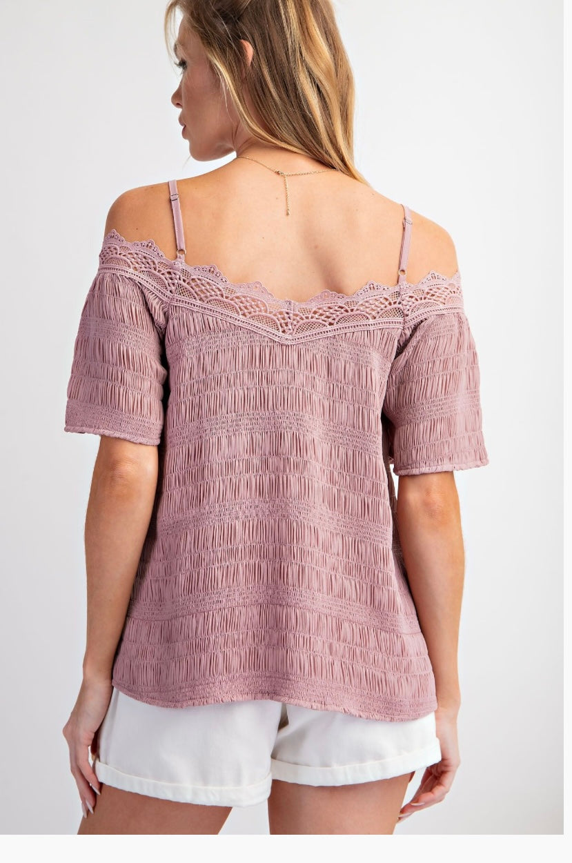 Blush Romance Smocked Lace Trim Top
