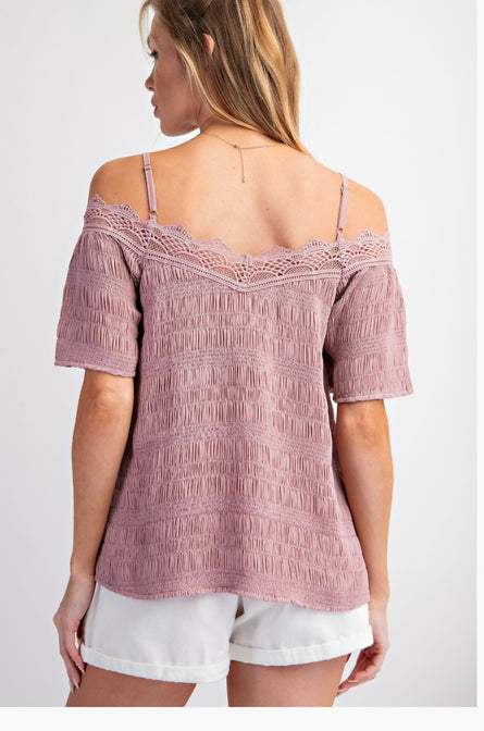 Blush Romance Smocked Lace Trim Top