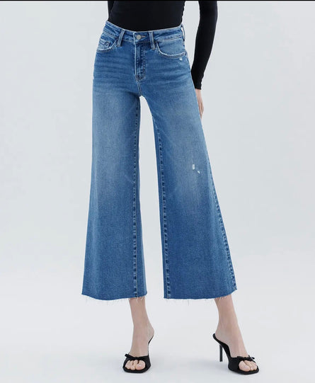 Harper, High rise raw hem ankle wide leg jeans