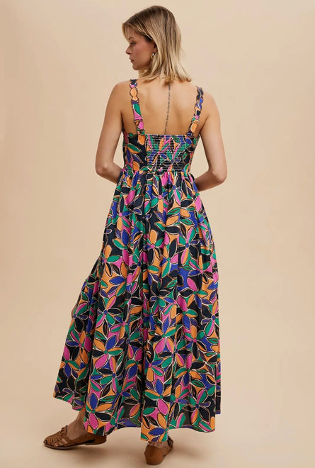 Midnight Garden Colorburst Floral Boho Midi Dress