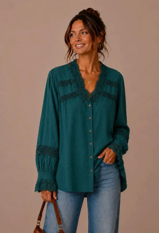 Emerald Lace Trim Button Blouse
