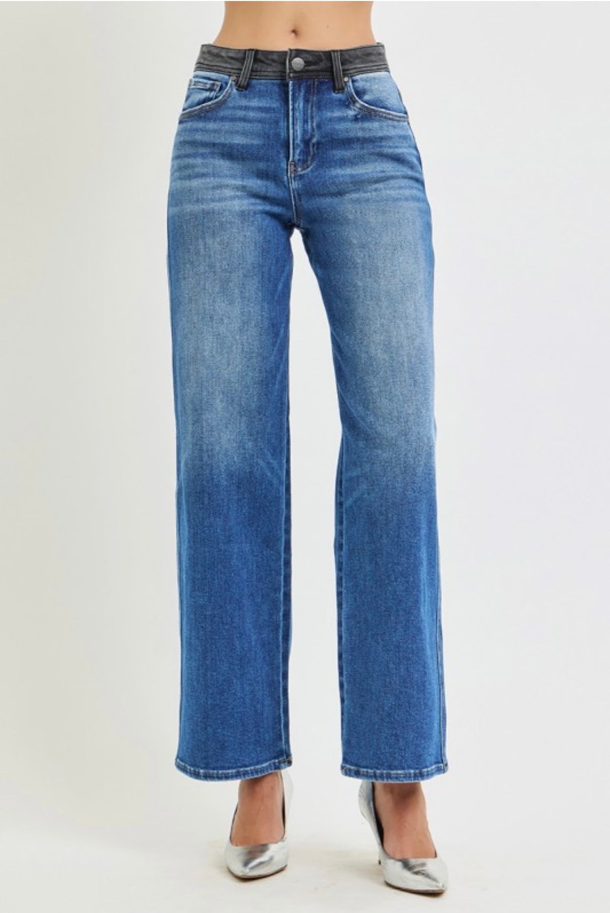 Risen, High Rise Grey Contrast Waistband Wide Leg Jeans