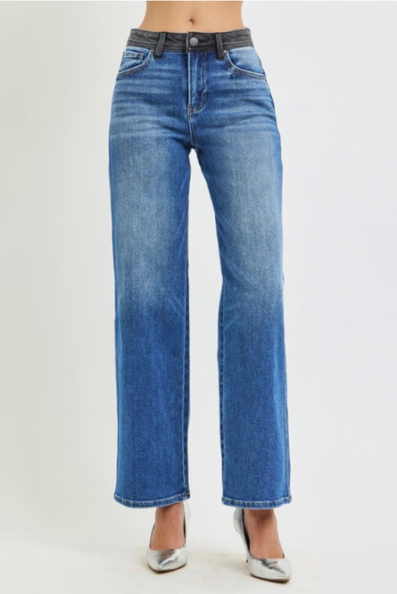 Risen, High Rise Grey Contrast Waistband Wide Leg Jeans