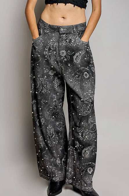 Vintage Washed Paisley Pearl Embellished Wide Leg Pants