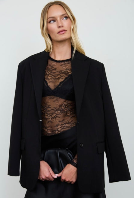 Black Stretch Lace Bodysuit | Sheer Long Sleeve Floral Lace Top