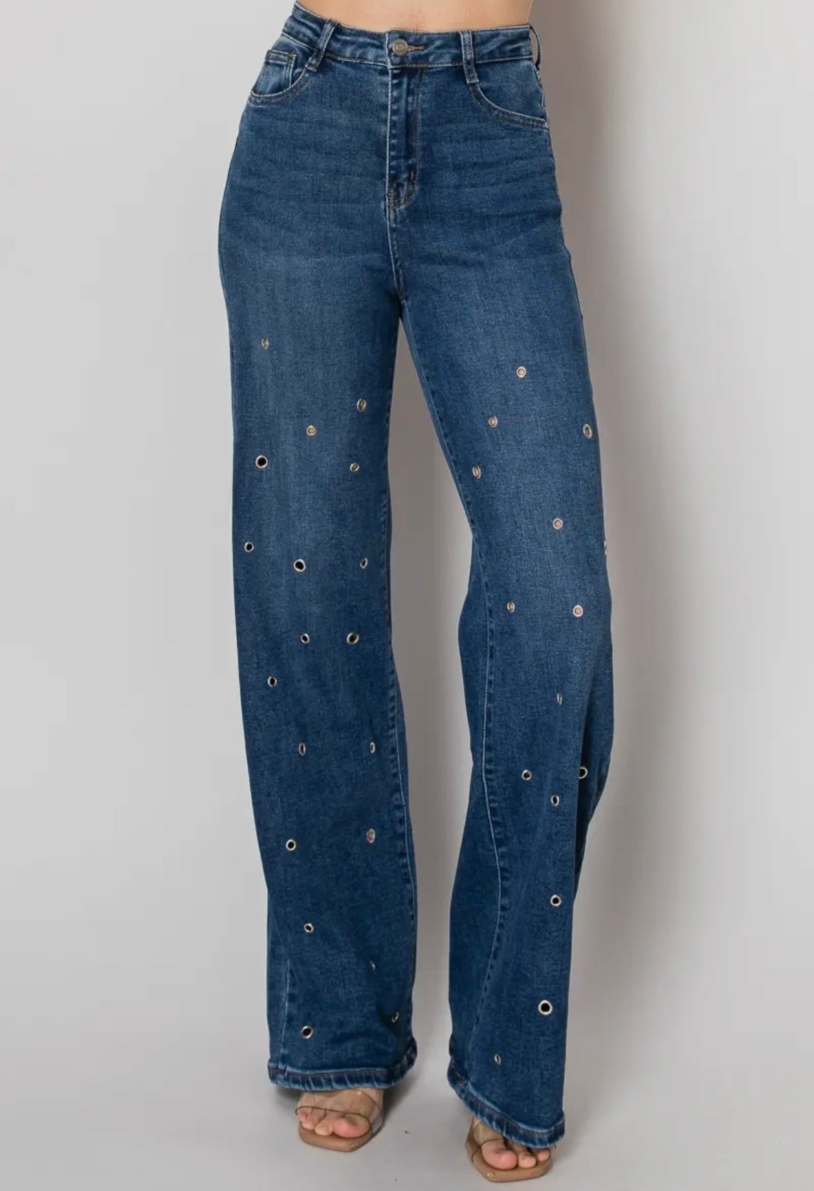 The Grommet, high rise wide leg embellished jeans