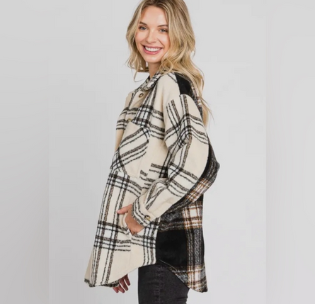 Two sides to every story, contrast plaid brushed shacket