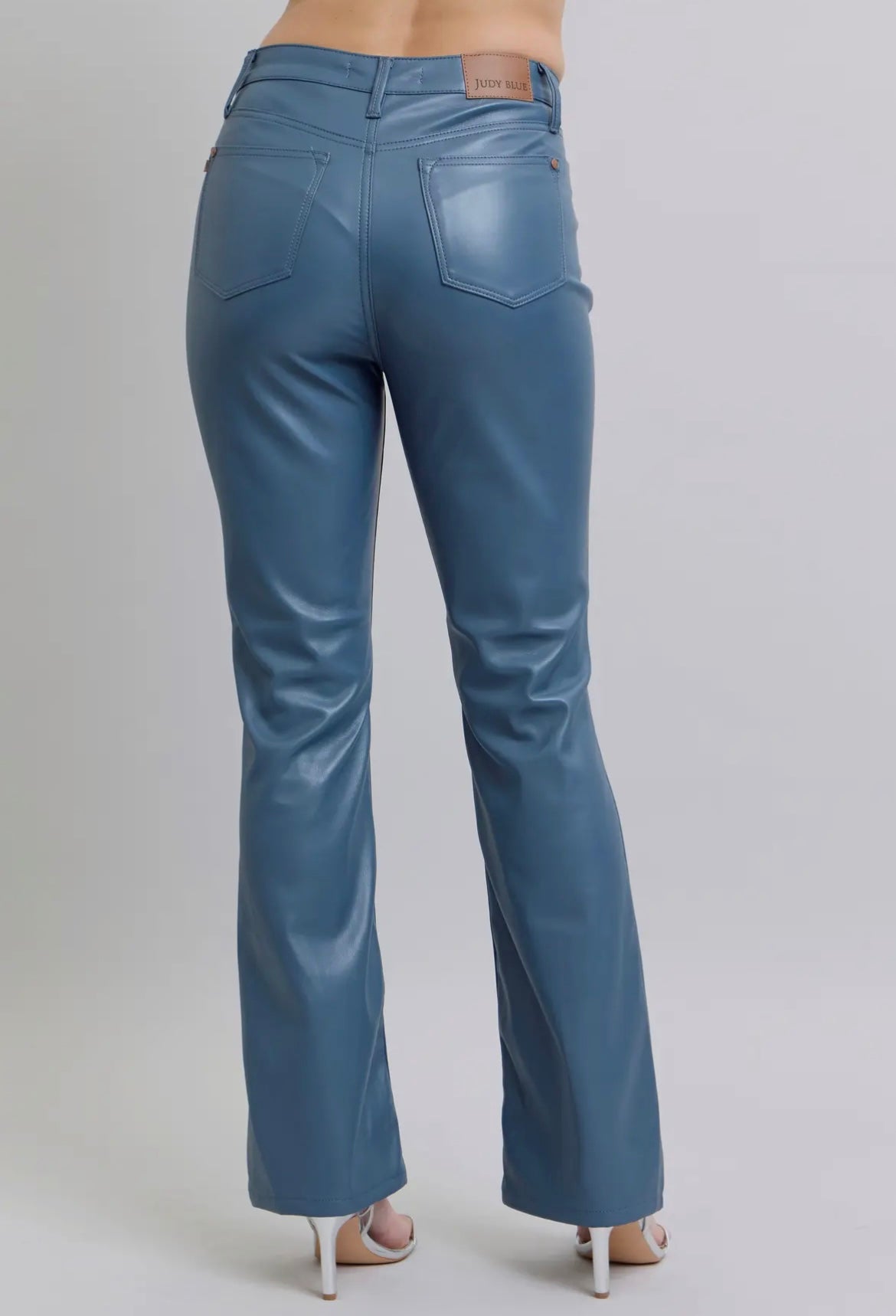 Baby Blue, tummy control baby bootcut leather pants.