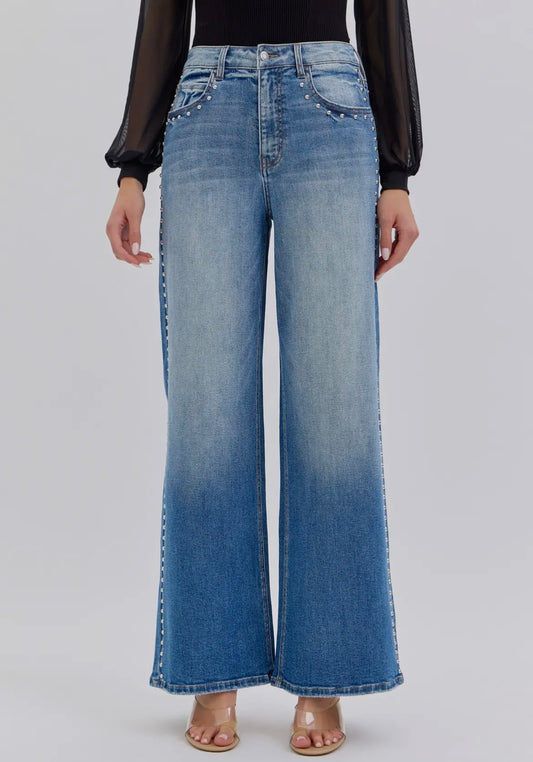 The Stud, Embellished stud detail wide leg jeans