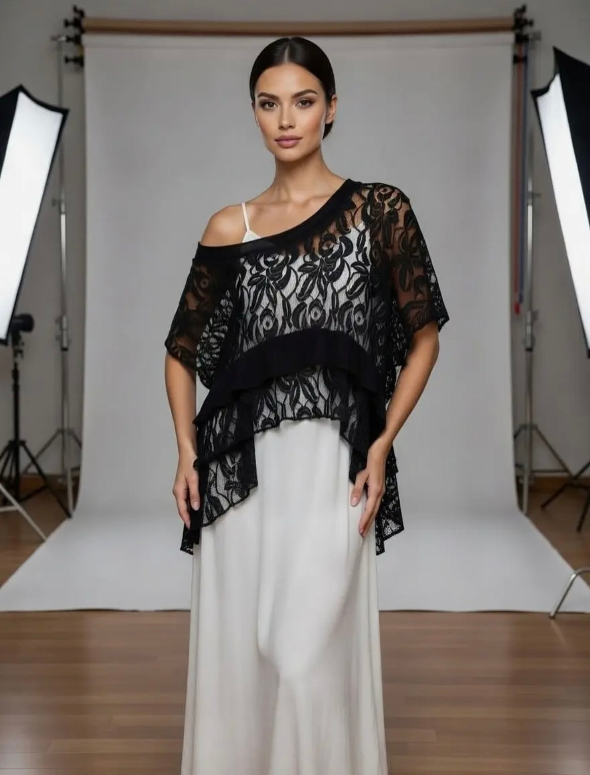 Made in Italy Sheer Lace Oversized Boat Neck Top