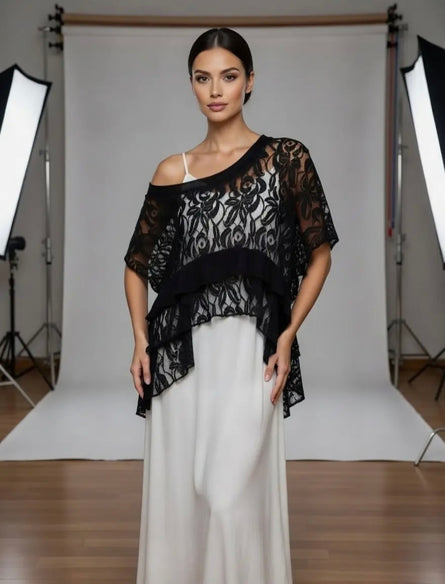Made in Italy Sheer Lace Oversized Boat Neck Top