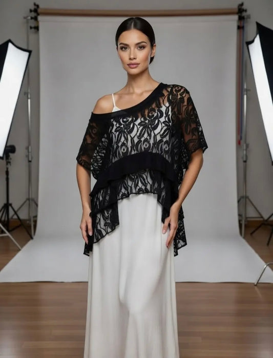 Made in Italy Sheer Lace Oversized Boat Neck Top