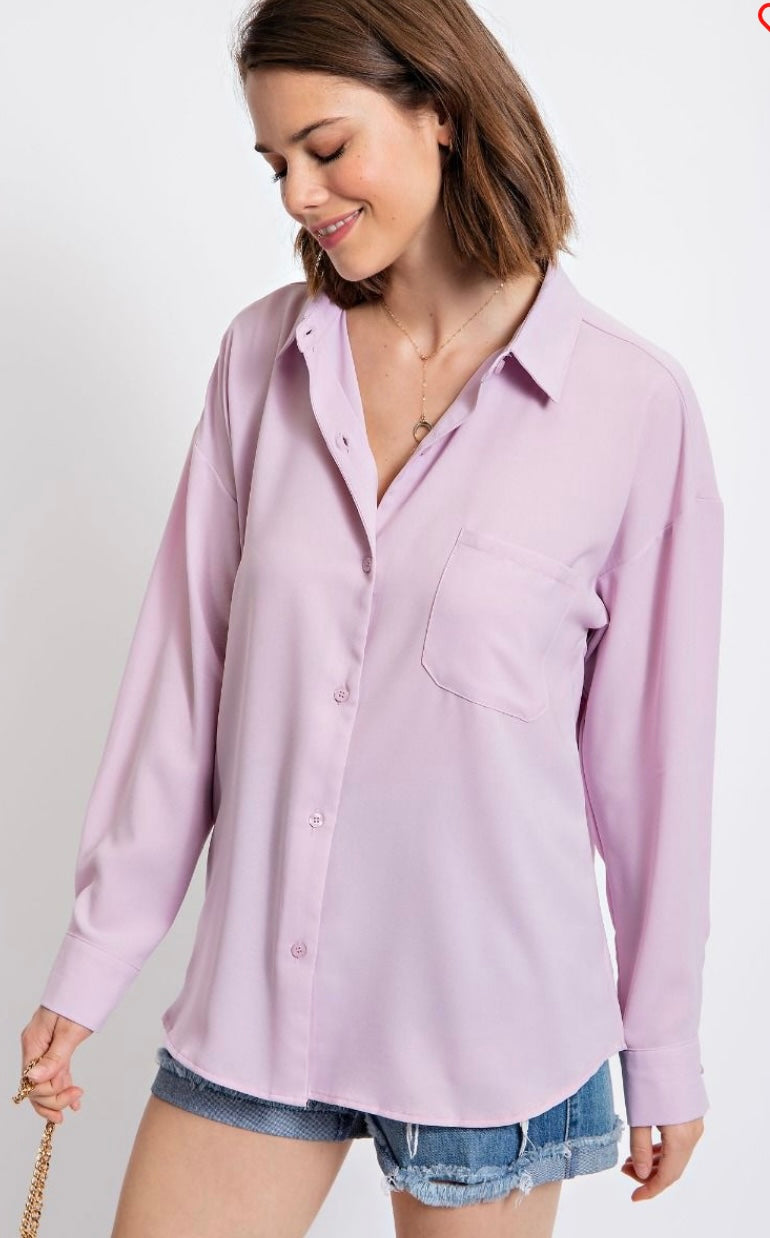 Lavender Luxe Relaxed Button Down Blouse – Soft Oversized Collared Top