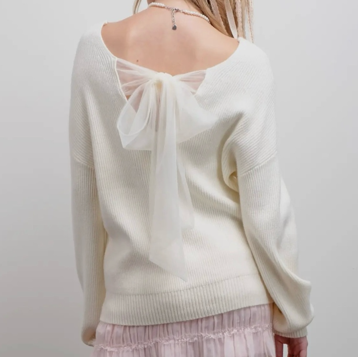 Bow-tique, cream chiffon bow back sweater