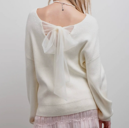 Bow-tique, cream chiffon bow back sweater