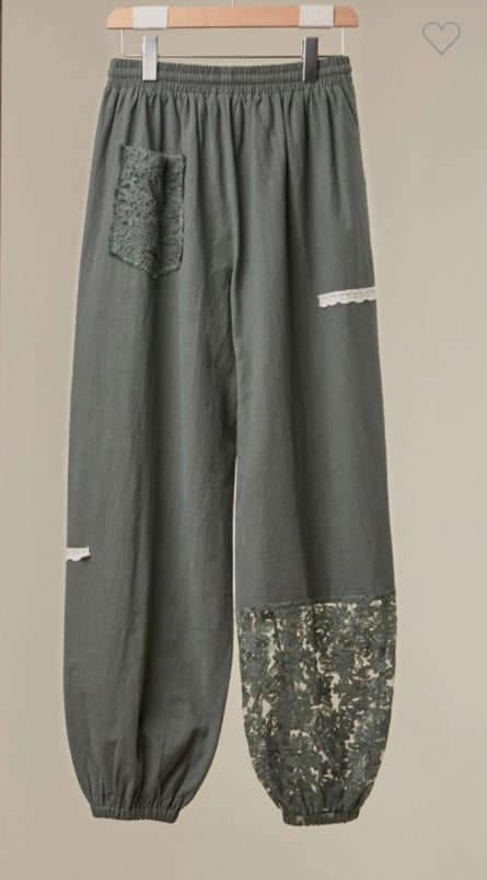 Lace Accent Patchwork Crochet Harem Jogger Pants