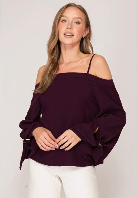 Plum Off-the-Shoulder Buckle Sleeve Blouse