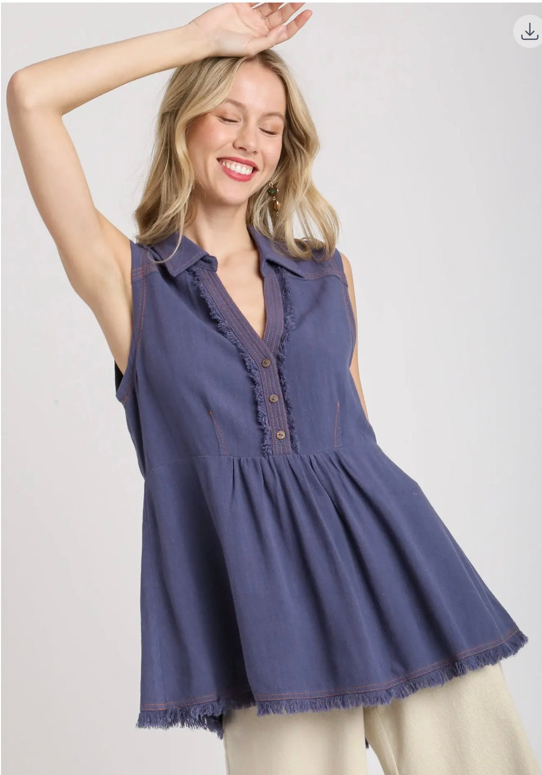 Boho Frayed Babydoll Tank Top – Sleeveless Collared Button Front Blouse
