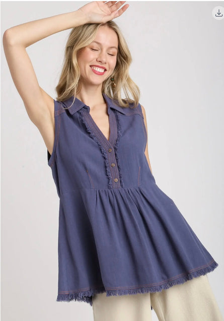 Boho Frayed Babydoll Tank Top – Sleeveless Collared Button Front Blouse