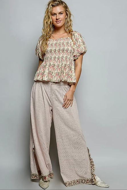 POL Blush Pinstripe Wide Leg Pants | Floral Trim Boho Palazzo Pants
